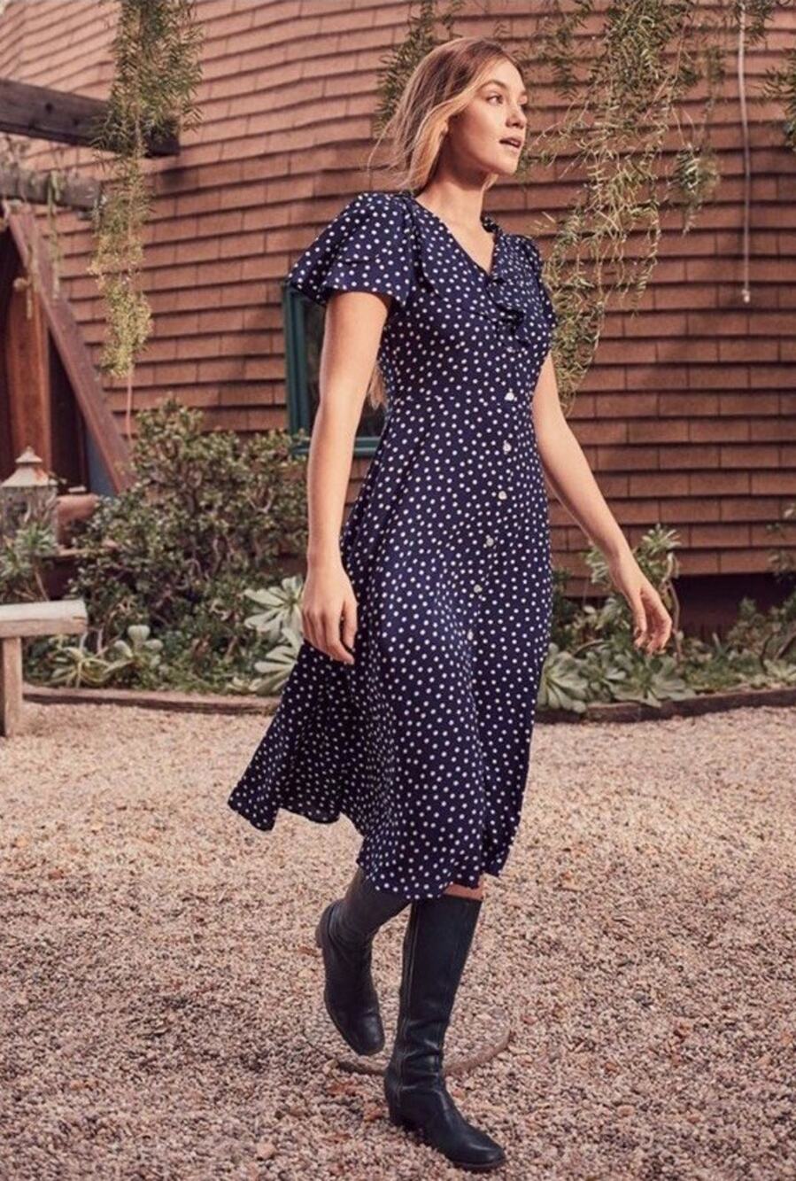 Christy Dawn Daisy Silk Midi Dress Black Polka Dot Floral Size Small